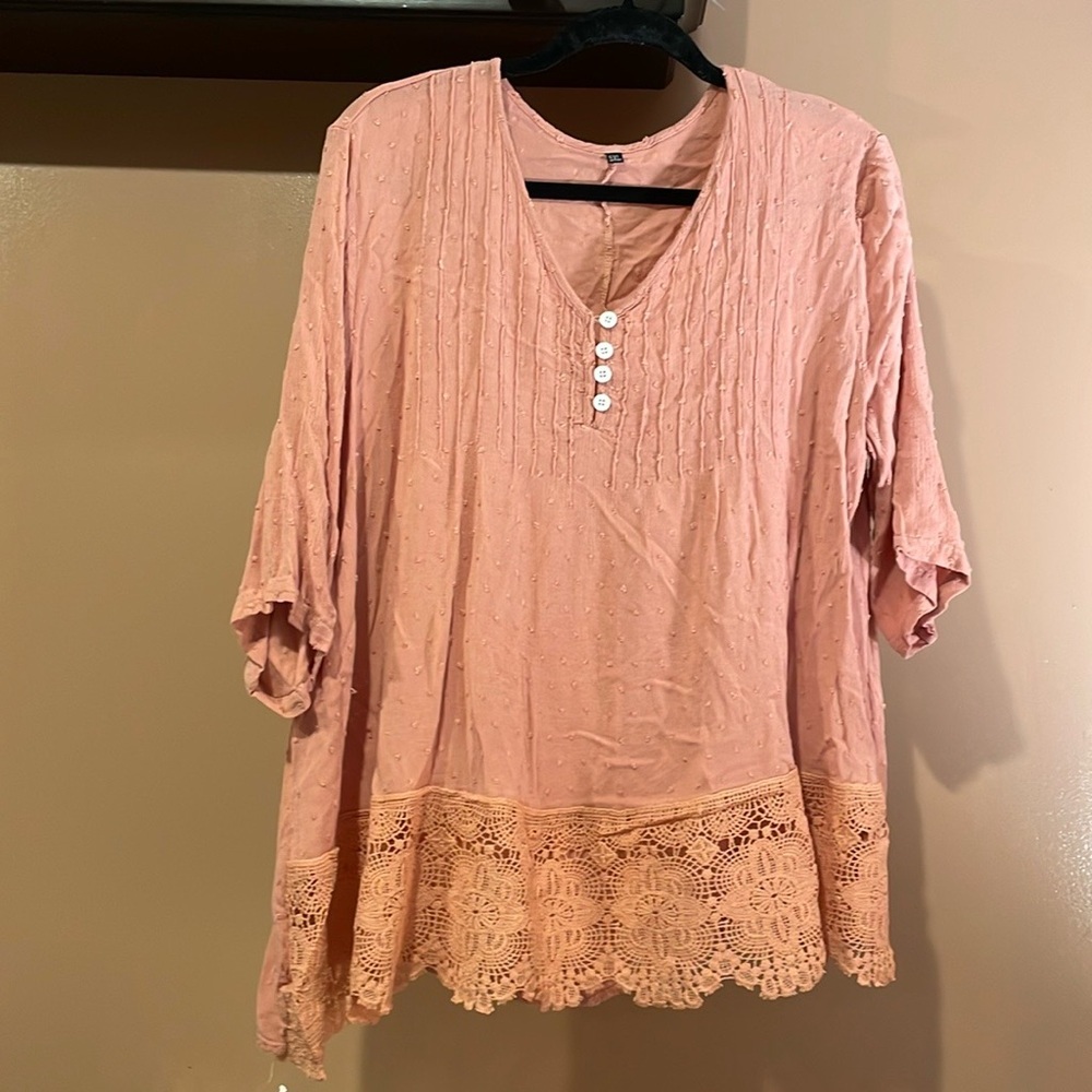 Dusty Rose Top w/Crochet Bottom and White Buttons
